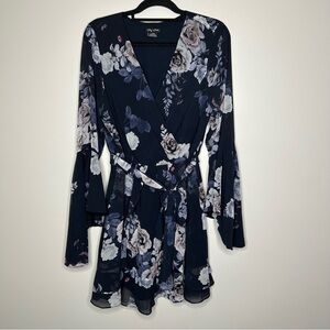 City Chic Navy Floral Faux Wrap Mini Dress Asymmetric Long Sleeves Size XS/14.